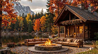 Warm Autumn Jazz Ambience | Cabin Retreat with Fireplace & Nature Sounds for Relaxing