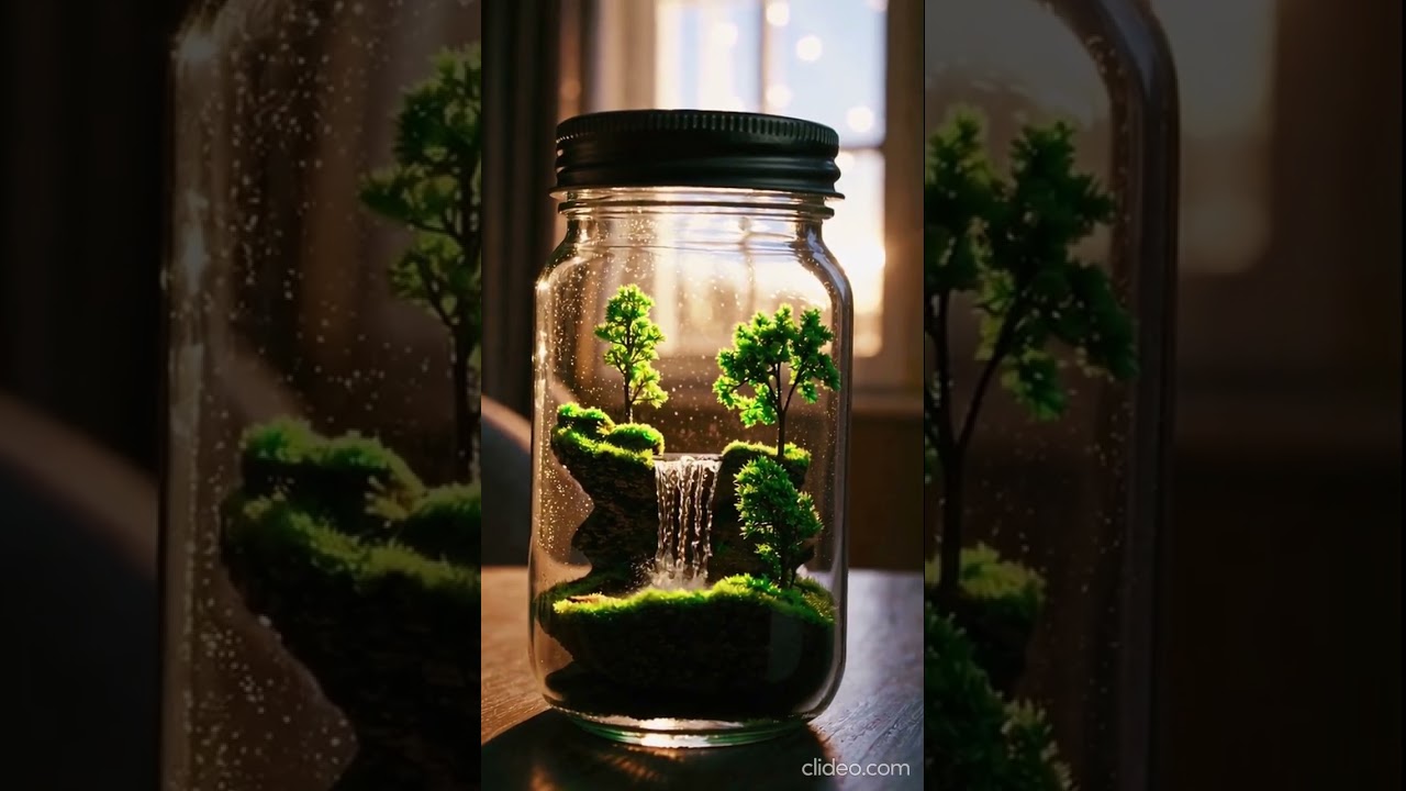 A forest with a waterfall inside a glass mason jar with golden hour lighting
