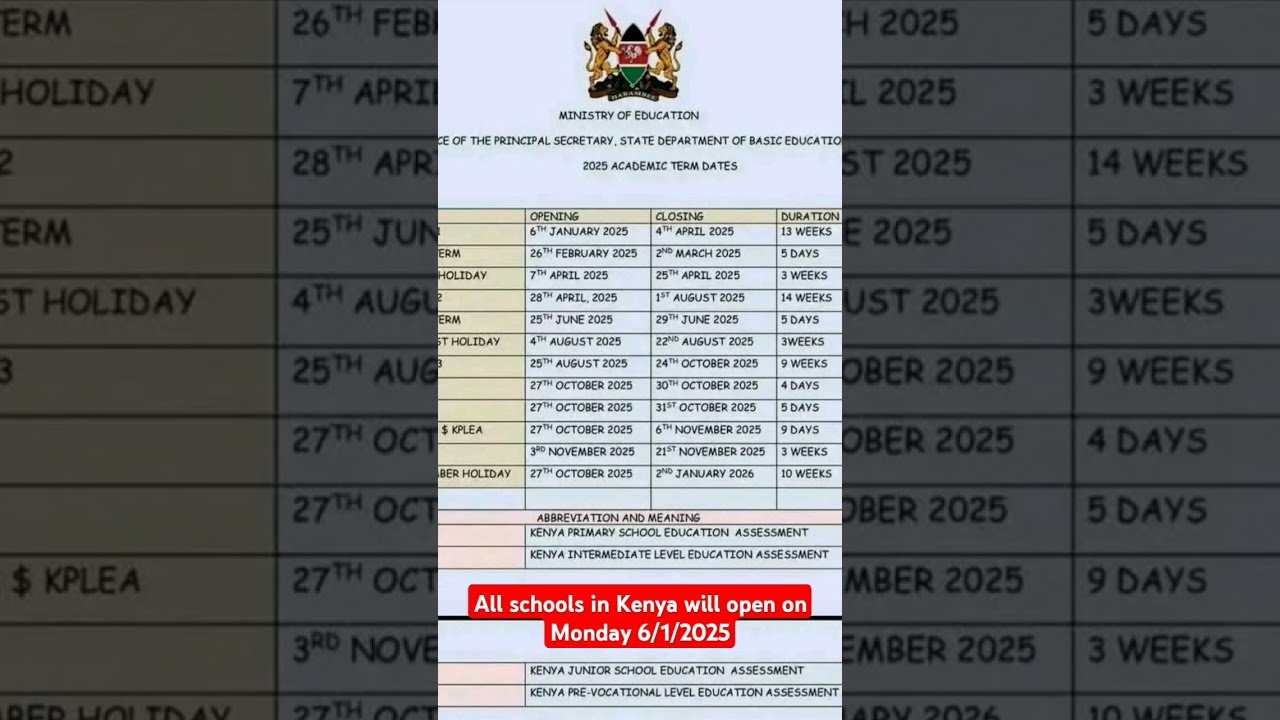 All schools in Kenya will open on Monday 6/1/2025