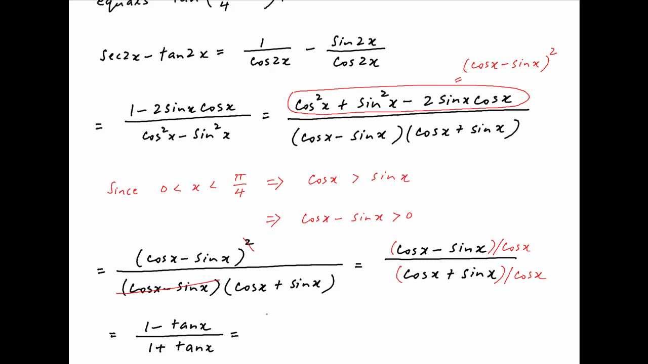 Iit 1994 Prove That Sec2x Tan2x Tan Pi 4 X When X Lies Between 0 And Pi 4 Youtube