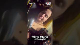 Sanju Samsons Wife Hugs Husbands Player Of The Tournament Trophy Like A Baby Sports Today