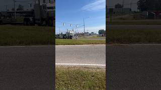 Bad Ass White and Red Peterbilt 379 Flat top pulling a low boy(Train Horn Action)