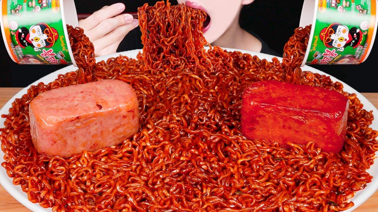 ASMR SPICY RAMEN FIRE BLACK BEAN NOODLES SPAM RECIPE COOKING MUKBANG 짜장불닭볶음면 스팸 먹방 EATING SOUNDS