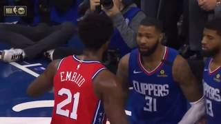 Joel Embiid And Marcus Morris Exchange Shoves and then Embiid Shuts Him Up with Monster Block!