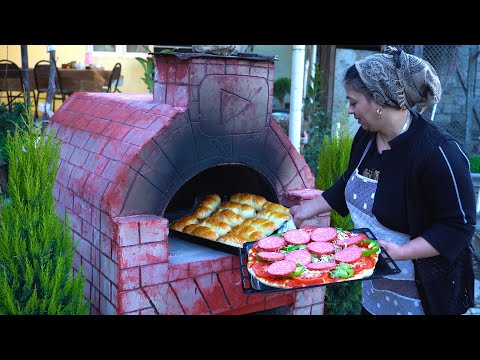 Girl Cooked Pizza Hot Dog and Apple Pie in Brick Oven | Cooking Outdoors