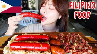 COOKING MUKBANG 먹방 FILIPINO BREAKFAST FOOD CHEESY RED HOT DOG, CORNED BEEF HASH, GARLIC LONGGANISA