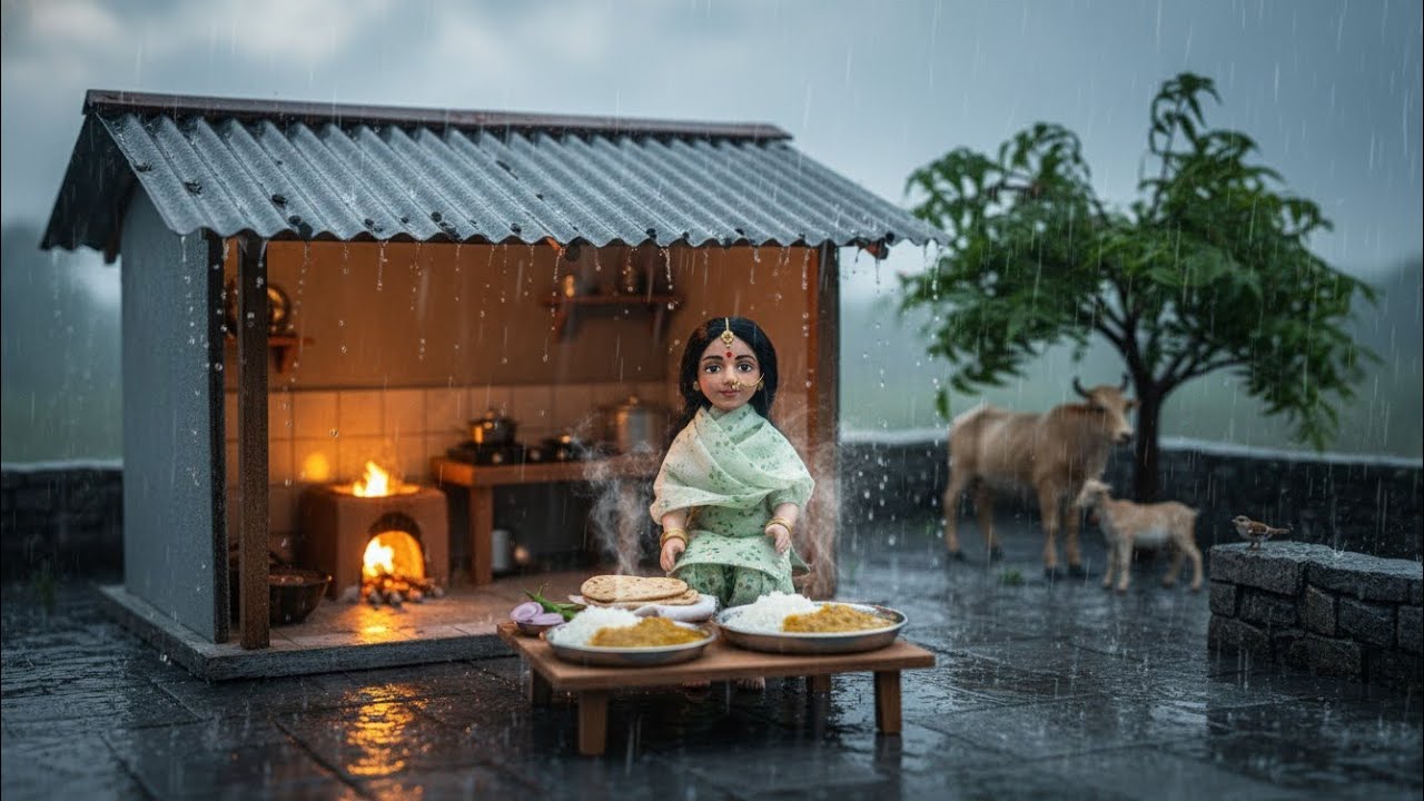 Rainy Day Dal Chawal ASMR 🍲 | Handcrafted Miniature Doll Village | Soft Cooking & Rain Sounds