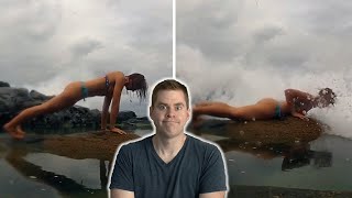 Girl Doing Yoga Hit By Strong Wave