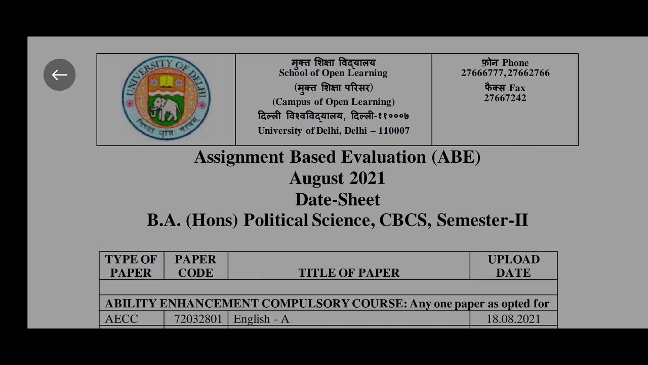 DU-Sol ABE B.A (Hons.) Political Science 2nd Semester (CBCS)  Assignment Date Sheet