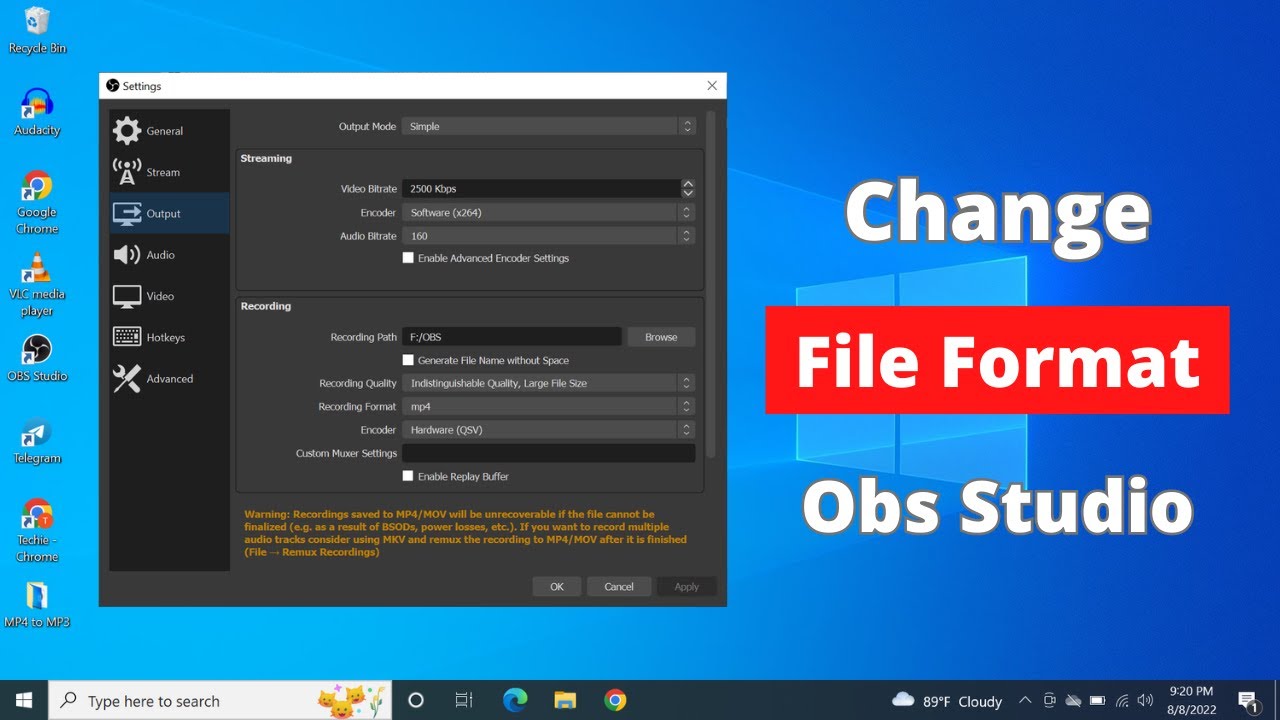 How to change file format in obs studio youtube