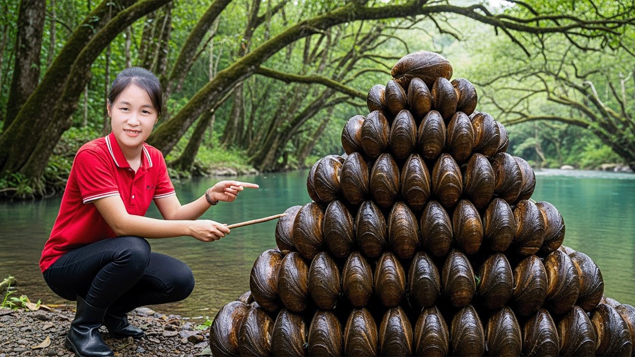 Harvesting 1000+ Kg of Mutant Black Mussels in the Forest - Bringing Them to Market - Wild Mussels