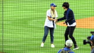 CL and YB first pitch at Dodger Stadium @Dodgers