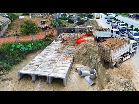 Amazing! 5-Ton Dump Trucks Filling Rock onto Concrete Drainage Pipes | Bulldozer Clearing Forest