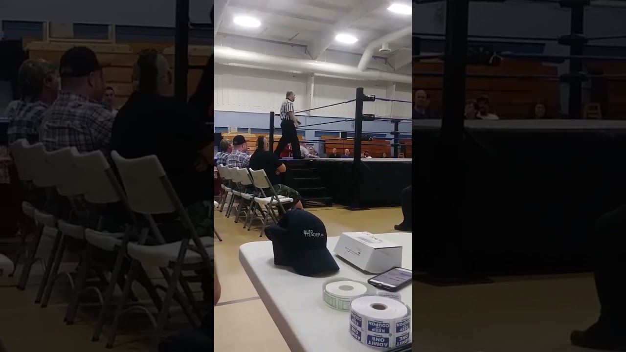 Pat Porter formally from 91.7 Giant FM falls off the ring at a Bordertown wrestling show Fort Erie.