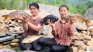 Single girl creates unique fish trap using stones, natural way to catch fish - ha thi muon