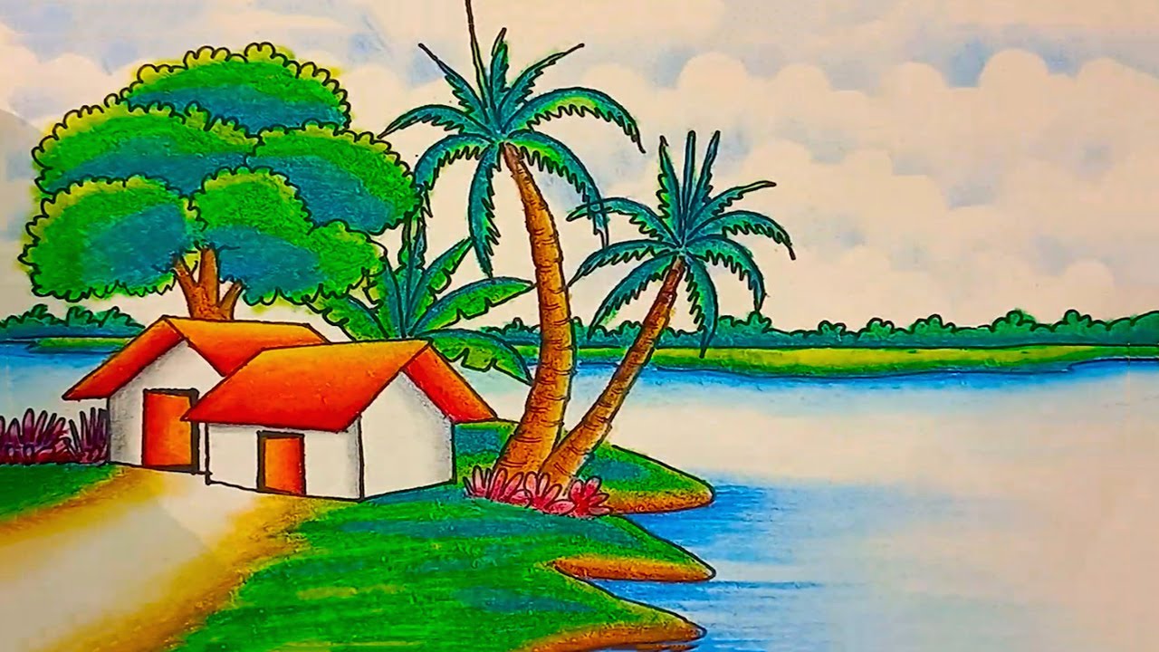 How to draw easy scenery drawing | riverside village scenery ...
