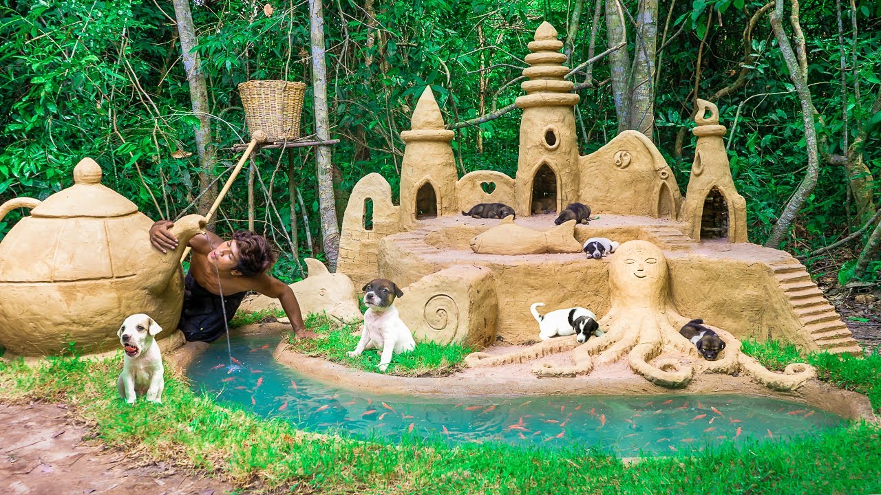 Rescue Newborn Puppies Building Dog Mud Sanctuary & Fish Pond In 7