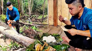 Sawing wood to prepare for building a house, and moving to a new land to live