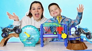 CALEB PRETEND PLAY CAR WASH with MONSTER TRUCKS! Opening Monster Jam Megalodon Monster Wash Playset!