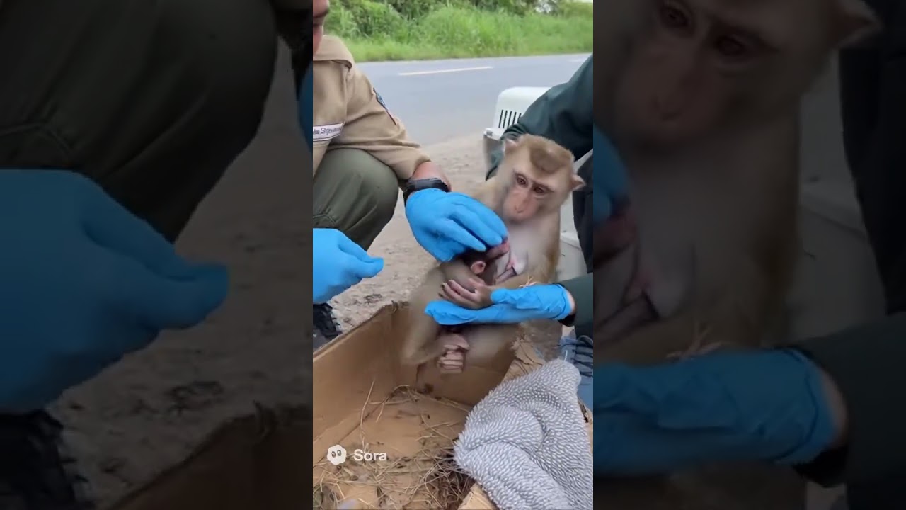 Try to rescue poor abandoned mother monkey and her newborn 
