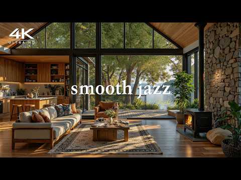 [4K] Morning Light in a Peaceful Lake House 🌿Smooth Jazz Instrumental Music with Fireplace to Unwind