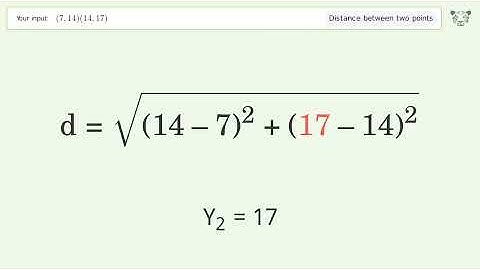 Find the distance between two points p1 (7,14) and p2 (14,17): Step-by-Step Video Solution