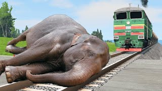 Sleeping Elephant vs Train | Stops the train | BeamNG.Drive | Train Simulator