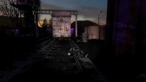 end of bandits, purple dusk, train hangar (garbage)