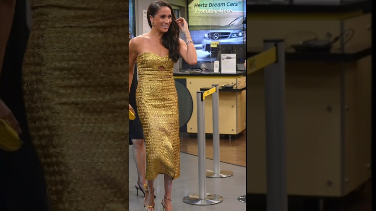 meghan markle gold dress hertz Meghan Markle Rocks Gold Dress At NYC Gala With Prince Harry: Photos Hollywood Life