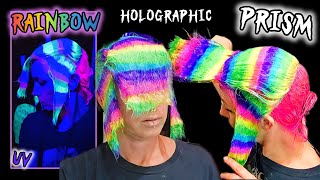 大胆なホロプリズムレインボーヘア！🌈 ホログラフィックプリズムテクニック（UV反応性！）で髪を染めています
