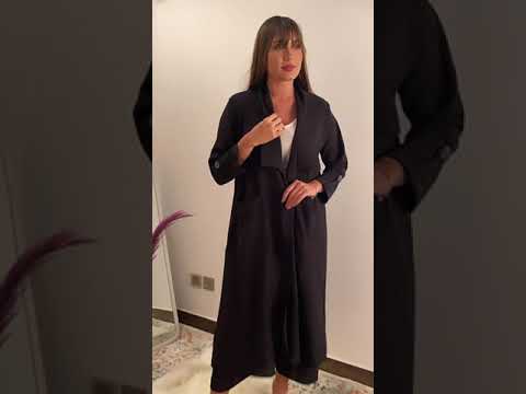 عباية ميدي حرير مغسول قصير مع بنطلون وحزام عملية رياضية للون أسود