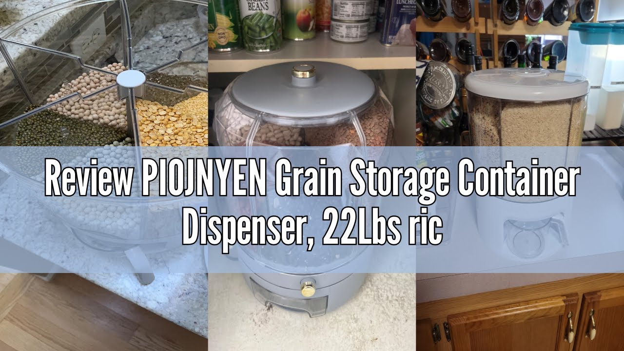 Review PIOJNYEN Grain Storage Container Dispenser, 22Lbs rice dispenser rotating, 360° rotating food