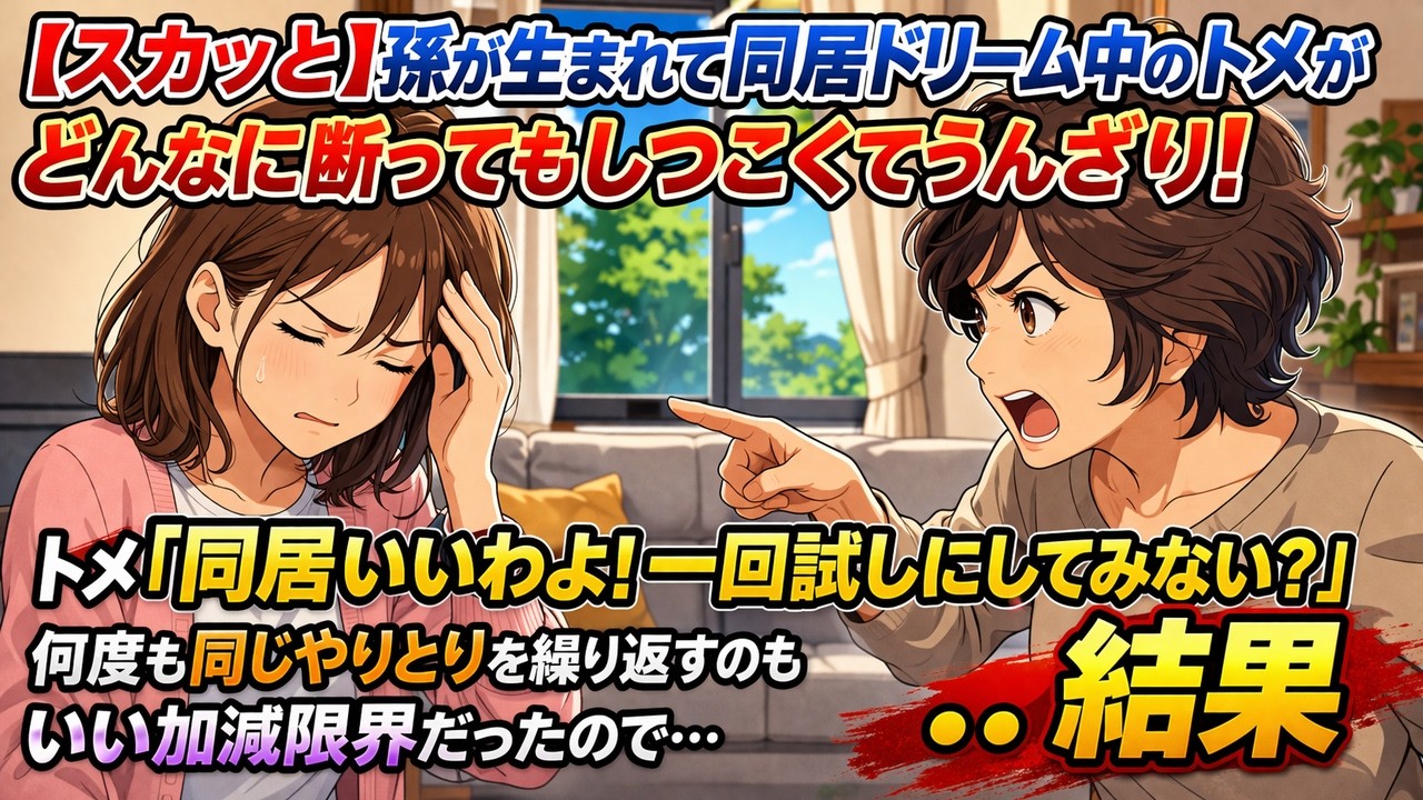 【スカッと】孫が生まれて同居ドリーム中のトメがどんなに断ってもしつこくてうんざり。トメ「同居いいわよ！一回試しにしてみない？ねっ！」何度も同じやりとりを繰り返すのもいい加減限界だったので…結果