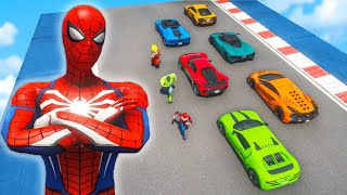 SPIDERMAN TEAM With SUPER CARS SUPERHEROES JUMP Challenge On RAMPS EP.504