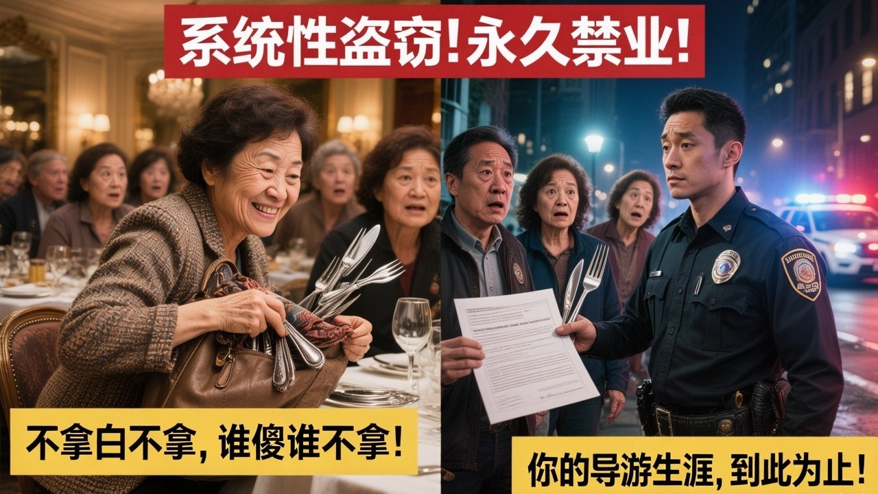 中国大妈团“顺走”旧金山餐厅23件物品，叫嚣“不拿白不拿”！华裔警察冷笑：“这是系统性盗窃！”全团赔偿三千美金，导游执照被永久吊销！