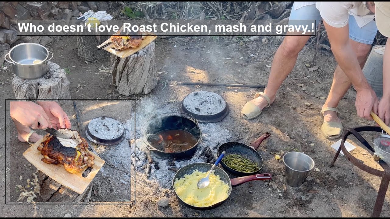Roast Chicken Sunday Lunch. Dutch oven over the campfire. Mash, gravy, garlic green beans...Enjoy.!