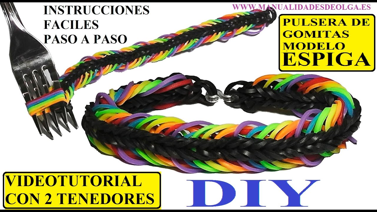 COMO HACER PULSERA DE GOMITAS ESPIGA DE COLORES CON 2 TENEDORES VIDETUTORIAL BRACELET SIN TELAR