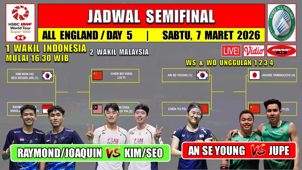 Jadwal Semifinal All England Open 2026 Hari Ini ~ RAYMOND/JOAQUIN vs KIM/SEO ~ CHIA/SOH vs CHINA