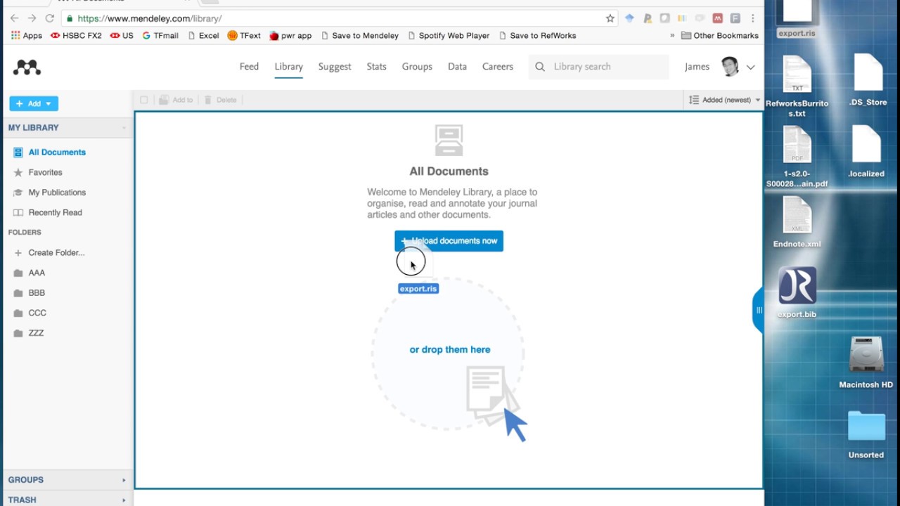 Importing Xml Ris Bibtex Txt Pdf Files Into Mendeley Web Library Through Drag And Drop Youtube