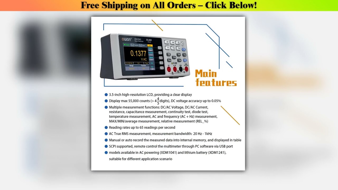 OWON XDM1041 XDM1241 4 1/2 Digital Multimeter Portable Bench True RMS DC/AC Current Voltage USB