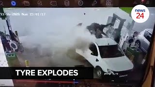 WATCH | Bakkie badly damaged by exploding tractor tyre at KZN petrol station