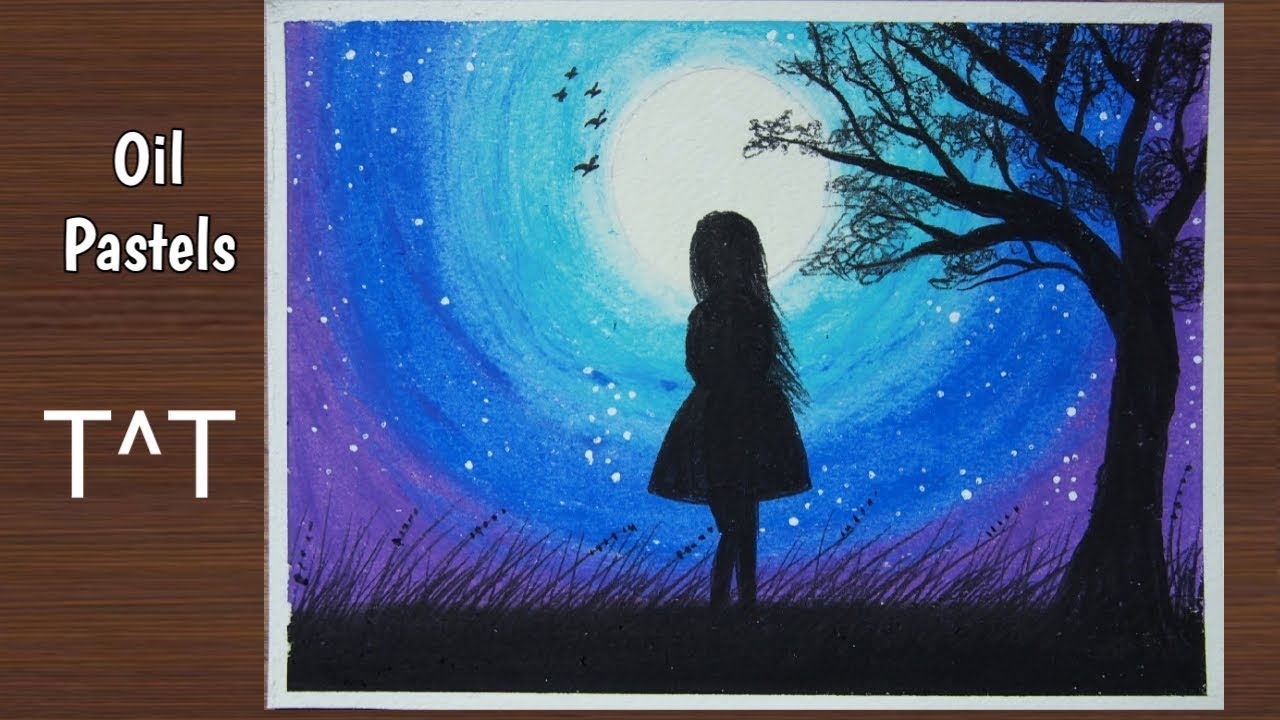 How To Draw Moonlight Scenery with oil pastel | ภาพระบายสีชอล์ค วิวกลางคืน