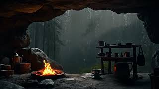 Showers In Front Of A Small Cave, Camping Alone On A Small Hill, Light Rain And Thunder