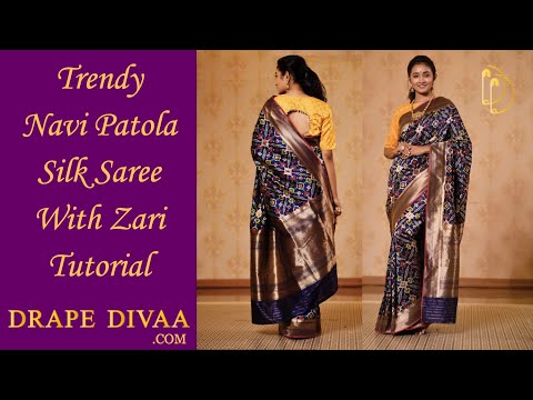 Wear Trendy Navy Patola Silk Saree with mesmerizing Zari Border | Drape Divaa Sarees