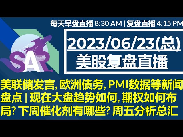 美股直播06/23[复盘] 美联储发言, 欧洲债务, PMI数据等新闻盘点 | 现在大盘趋势如何, 期权如何布局? 下周催化剂有哪些? 周五分析总汇