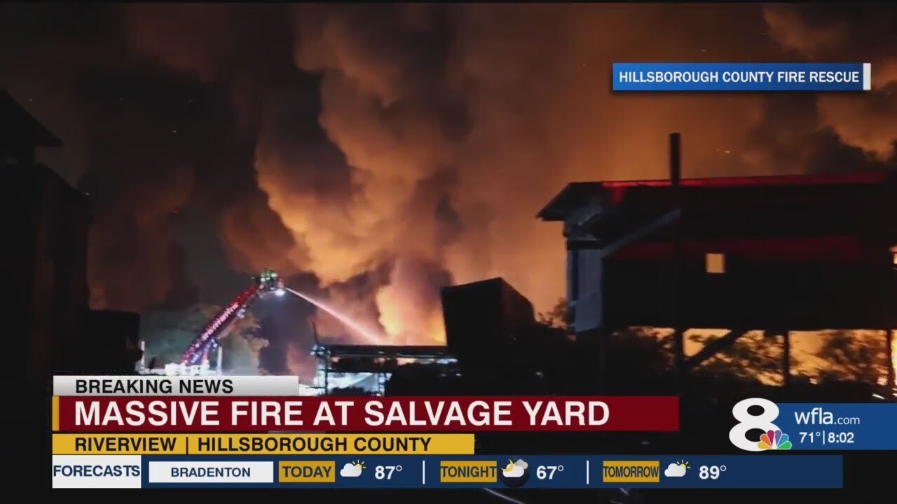 Massive fire breaks out at salvage yard in Hillsborough County - YouTube
