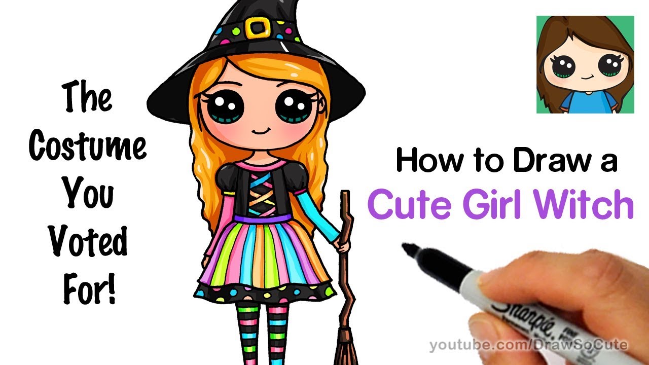 How to Draw a Cute Girl in a Witch Costume - YouTube