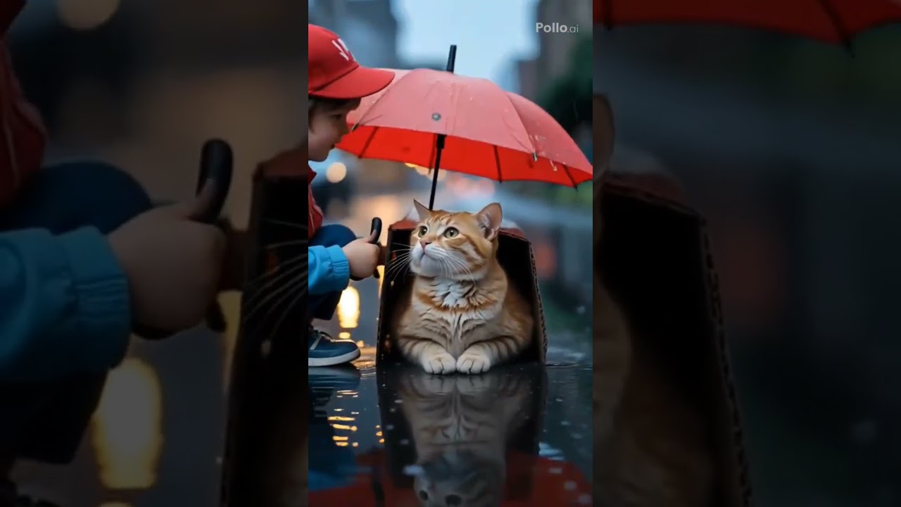 Little boy helps the orange tabby cat after the heavy rain ❤️ 