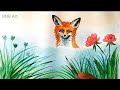 Beautiful Landscape Drawing with Fox and Wild  Flower | Easy watercolor Scenery for Beginners..