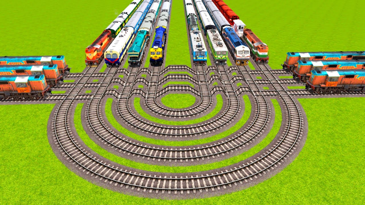 FOURTEEN MULTIPLE TRAINS VS BIGGEST CURVE RAILWAY TRACKS AND CRAZY BREAKERS TRACKS|Train simulator|